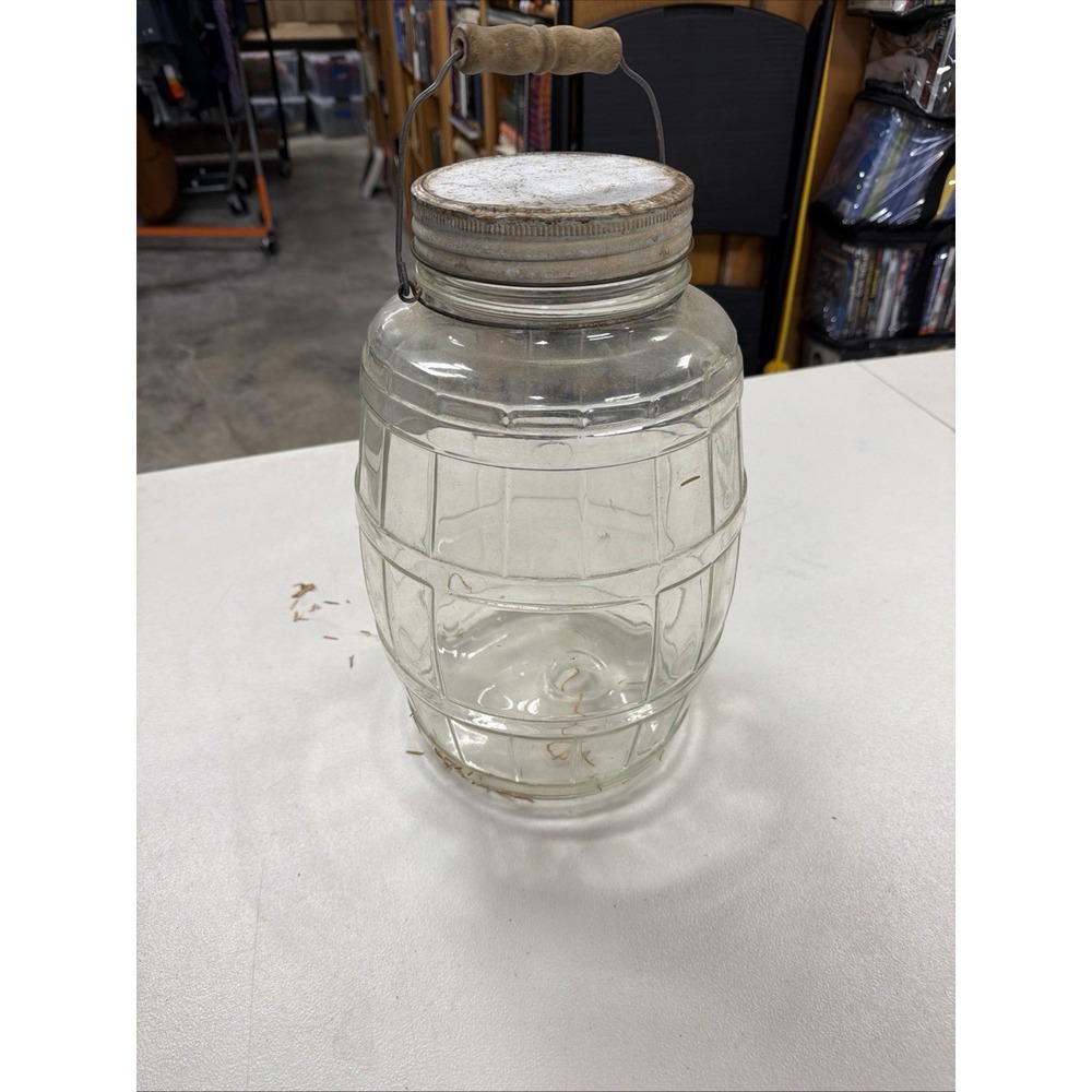 Vintage Duraglas Glass Barrel PICKLE JAR complete with lid & handle 14" tall